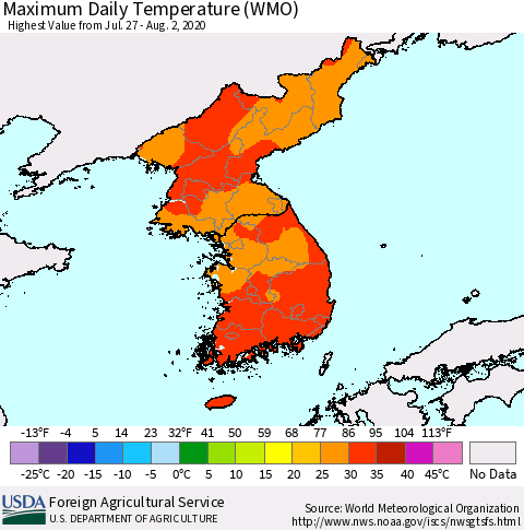 Korea Maximum Daily Temperature (WMO) Thematic Map For 7/27/2020 - 8/2/2020