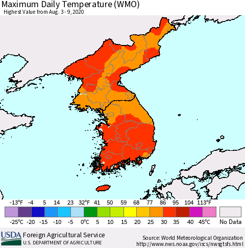 Korea Maximum Daily Temperature (WMO) Thematic Map For 8/3/2020 - 8/9/2020