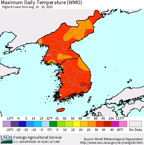 Korea Maximum Daily Temperature (WMO) Thematic Map For 8/10/2020 - 8/16/2020