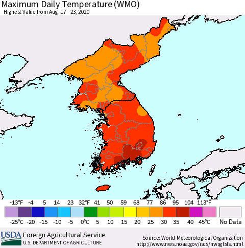 Korea Maximum Daily Temperature (WMO) Thematic Map For 8/17/2020 - 8/23/2020