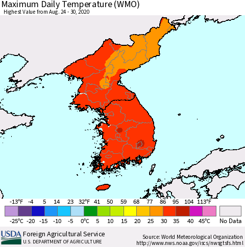 Korea Maximum Daily Temperature (WMO) Thematic Map For 8/24/2020 - 8/30/2020