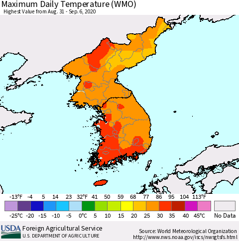 Korea Maximum Daily Temperature (WMO) Thematic Map For 8/31/2020 - 9/6/2020