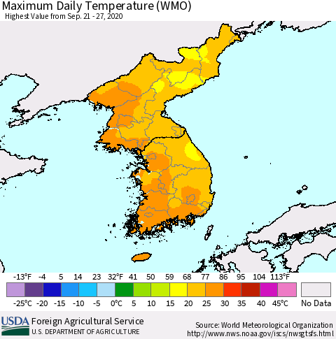 Korea Maximum Daily Temperature (WMO) Thematic Map For 9/21/2020 - 9/27/2020