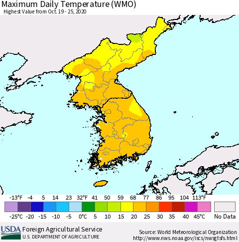 Korea Maximum Daily Temperature (WMO) Thematic Map For 10/19/2020 - 10/25/2020