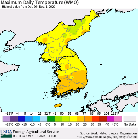 Korea Maximum Daily Temperature (WMO) Thematic Map For 10/26/2020 - 11/1/2020
