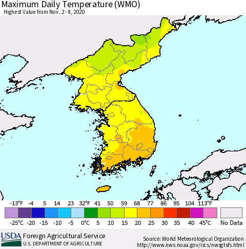 Korea Maximum Daily Temperature (WMO) Thematic Map For 11/2/2020 - 11/8/2020