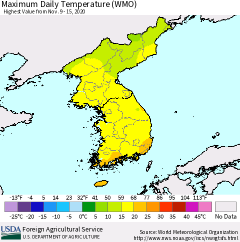 Korea Maximum Daily Temperature (WMO) Thematic Map For 11/9/2020 - 11/15/2020