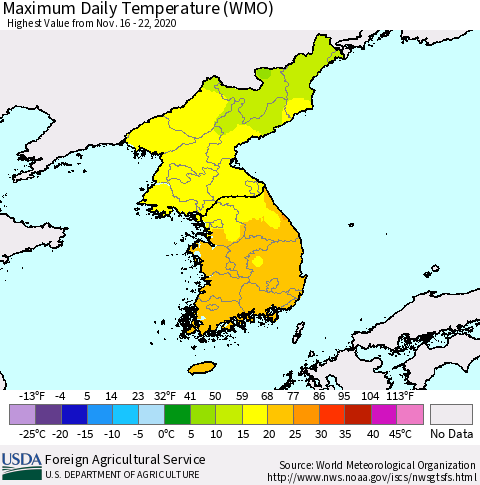 Korea Maximum Daily Temperature (WMO) Thematic Map For 11/16/2020 - 11/22/2020