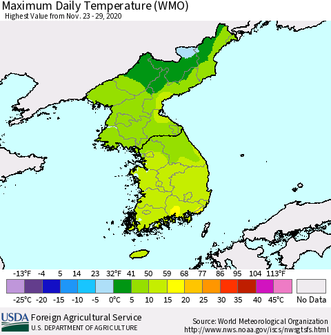 Korea Maximum Daily Temperature (WMO) Thematic Map For 11/23/2020 - 11/29/2020