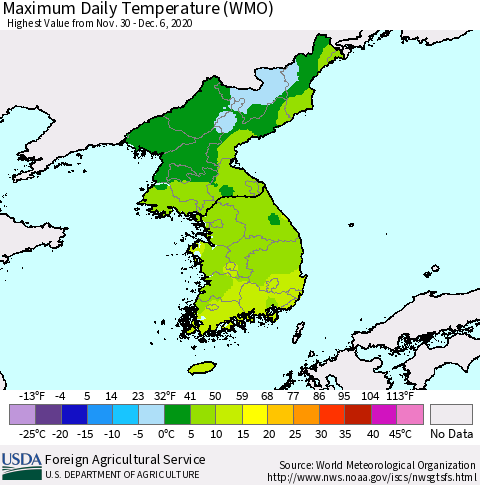 Korea Maximum Daily Temperature (WMO) Thematic Map For 11/30/2020 - 12/6/2020