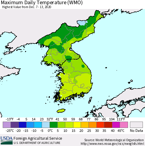 Korea Maximum Daily Temperature (WMO) Thematic Map For 12/7/2020 - 12/13/2020