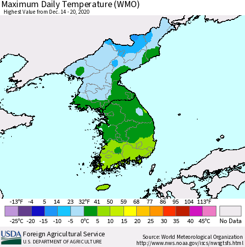 Korea Maximum Daily Temperature (WMO) Thematic Map For 12/14/2020 - 12/20/2020