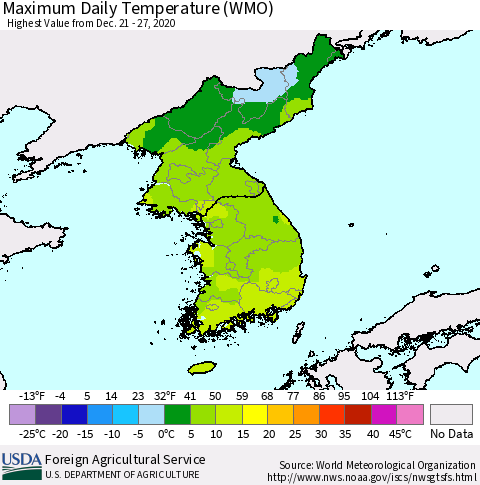 Korea Maximum Daily Temperature (WMO) Thematic Map For 12/21/2020 - 12/27/2020
