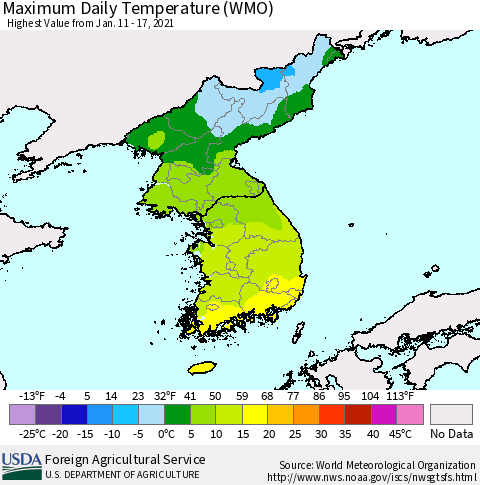 Korea Maximum Daily Temperature (WMO) Thematic Map For 1/11/2021 - 1/17/2021