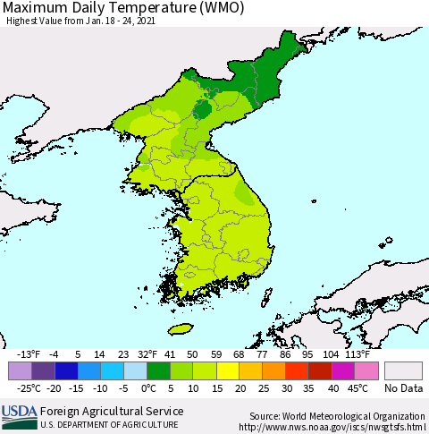Korea Maximum Daily Temperature (WMO) Thematic Map For 1/18/2021 - 1/24/2021