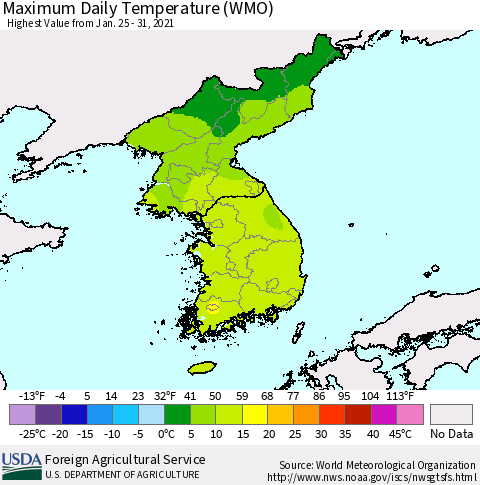 Korea Maximum Daily Temperature (WMO) Thematic Map For 1/25/2021 - 1/31/2021
