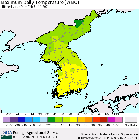Korea Maximum Daily Temperature (WMO) Thematic Map For 2/8/2021 - 2/14/2021
