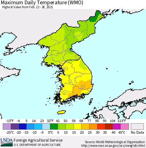 Korea Maximum Daily Temperature (WMO) Thematic Map For 2/22/2021 - 2/28/2021