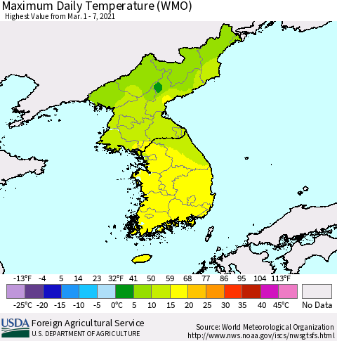Korea Maximum Daily Temperature (WMO) Thematic Map For 3/1/2021 - 3/7/2021