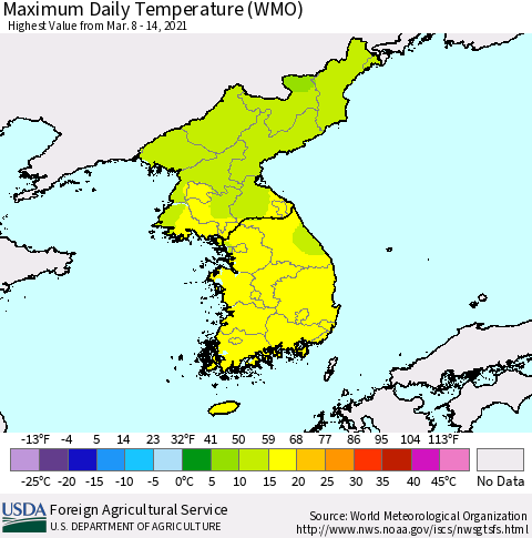 Korea Maximum Daily Temperature (WMO) Thematic Map For 3/8/2021 - 3/14/2021