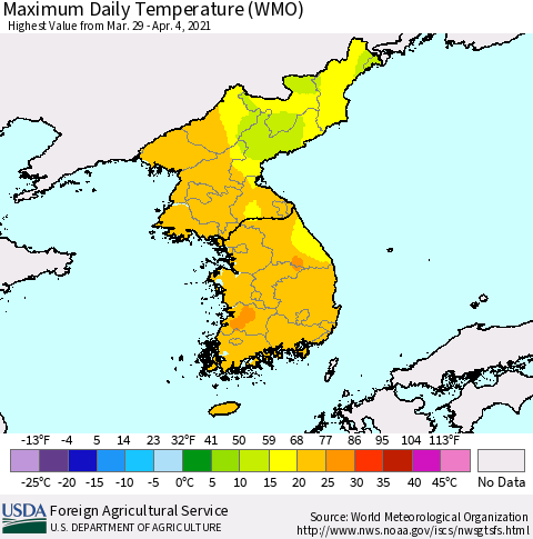 Korea Maximum Daily Temperature (WMO) Thematic Map For 3/29/2021 - 4/4/2021