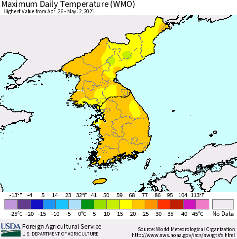 Korea Maximum Daily Temperature (WMO) Thematic Map For 4/26/2021 - 5/2/2021