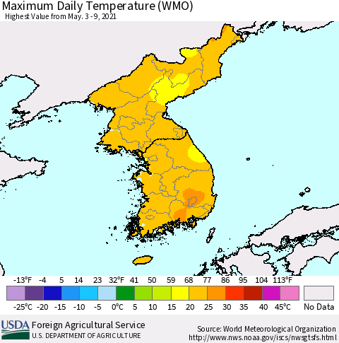Korea Maximum Daily Temperature (WMO) Thematic Map For 5/3/2021 - 5/9/2021