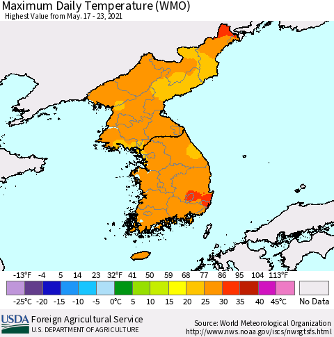Korea Maximum Daily Temperature (WMO) Thematic Map For 5/17/2021 - 5/23/2021
