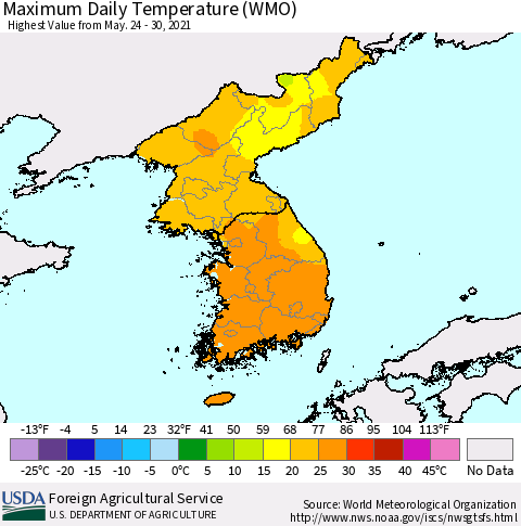 Korea Maximum Daily Temperature (WMO) Thematic Map For 5/24/2021 - 5/30/2021