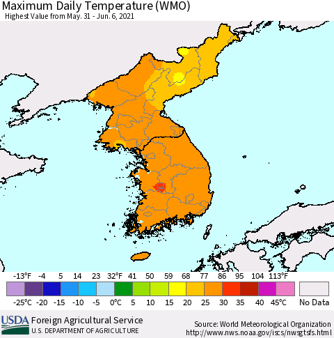 Korea Maximum Daily Temperature (WMO) Thematic Map For 5/31/2021 - 6/6/2021