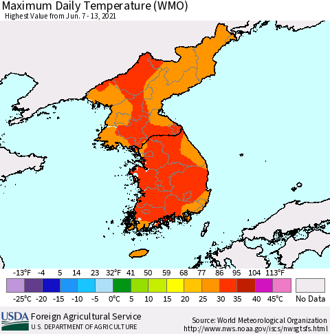 Korea Maximum Daily Temperature (WMO) Thematic Map For 6/7/2021 - 6/13/2021