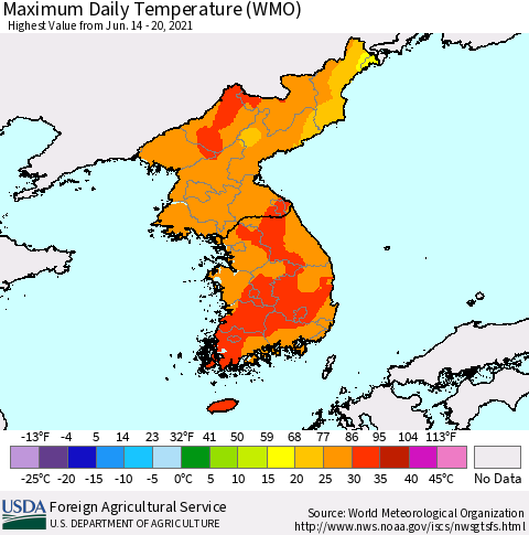 Korea Maximum Daily Temperature (WMO) Thematic Map For 6/14/2021 - 6/20/2021