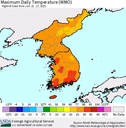 Korea Maximum Daily Temperature (WMO) Thematic Map For 6/21/2021 - 6/27/2021
