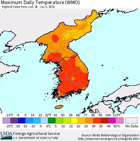 Korea Maximum Daily Temperature (WMO) Thematic Map For 6/28/2021 - 7/4/2021