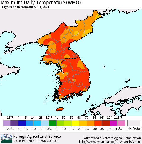 Korea Maximum Daily Temperature (WMO) Thematic Map For 7/5/2021 - 7/11/2021