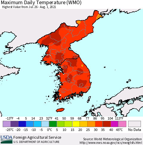 Korea Maximum Daily Temperature (WMO) Thematic Map For 7/26/2021 - 8/1/2021