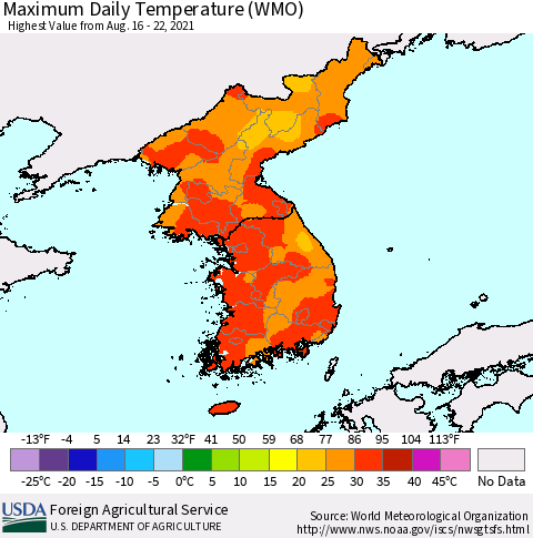 Korea Maximum Daily Temperature (WMO) Thematic Map For 8/16/2021 - 8/22/2021
