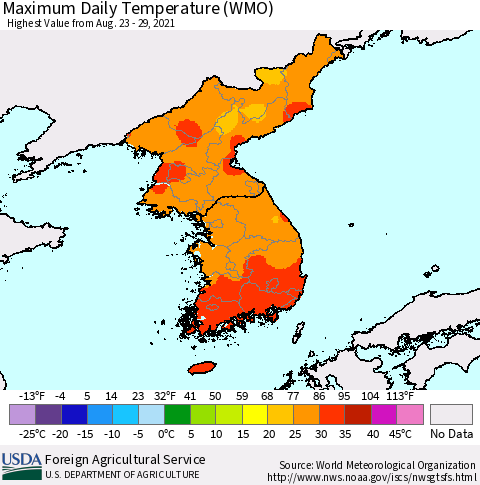 Korea Maximum Daily Temperature (WMO) Thematic Map For 8/23/2021 - 8/29/2021