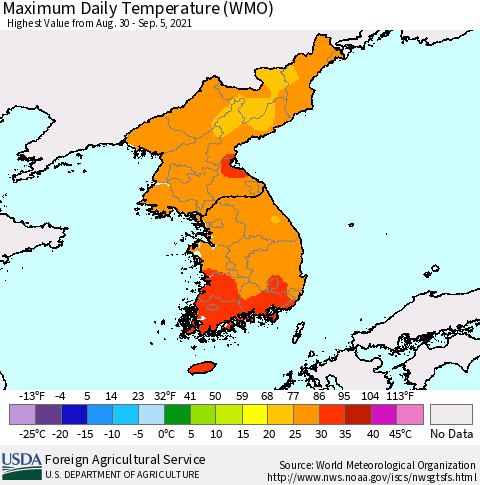 Korea Maximum Daily Temperature (WMO) Thematic Map For 8/30/2021 - 9/5/2021