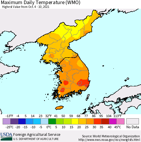 Korea Maximum Daily Temperature (WMO) Thematic Map For 10/4/2021 - 10/10/2021