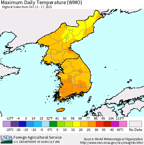 Korea Maximum Daily Temperature (WMO) Thematic Map For 10/11/2021 - 10/17/2021