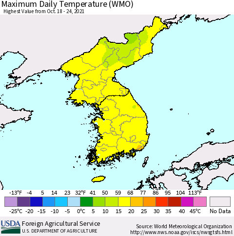 Korea Maximum Daily Temperature (WMO) Thematic Map For 10/18/2021 - 10/24/2021