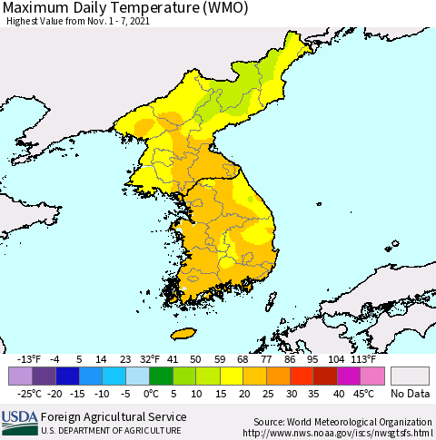 Korea Maximum Daily Temperature (WMO) Thematic Map For 11/1/2021 - 11/7/2021