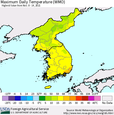 Korea Maximum Daily Temperature (WMO) Thematic Map For 11/8/2021 - 11/14/2021