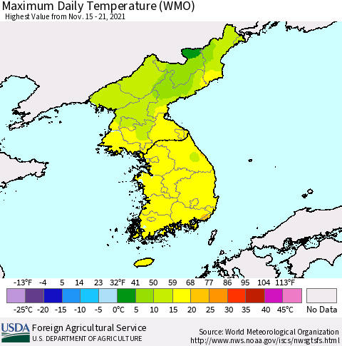 Korea Maximum Daily Temperature (WMO) Thematic Map For 11/15/2021 - 11/21/2021