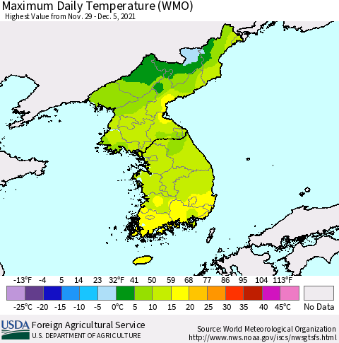 Korea Maximum Daily Temperature (WMO) Thematic Map For 11/29/2021 - 12/5/2021