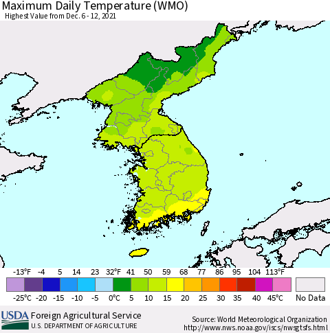 Korea Maximum Daily Temperature (WMO) Thematic Map For 12/6/2021 - 12/12/2021