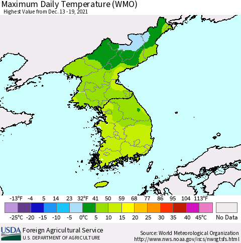 Korea Maximum Daily Temperature (WMO) Thematic Map For 12/13/2021 - 12/19/2021