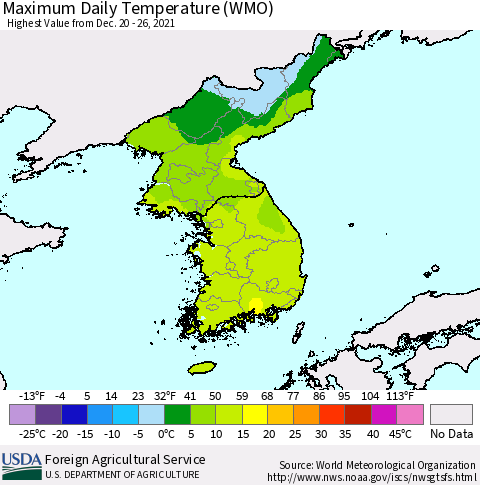 Korea Maximum Daily Temperature (WMO) Thematic Map For 12/20/2021 - 12/26/2021