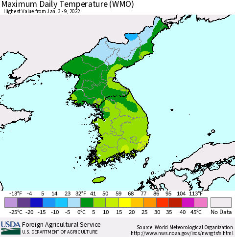Korea Maximum Daily Temperature (WMO) Thematic Map For 1/3/2022 - 1/9/2022